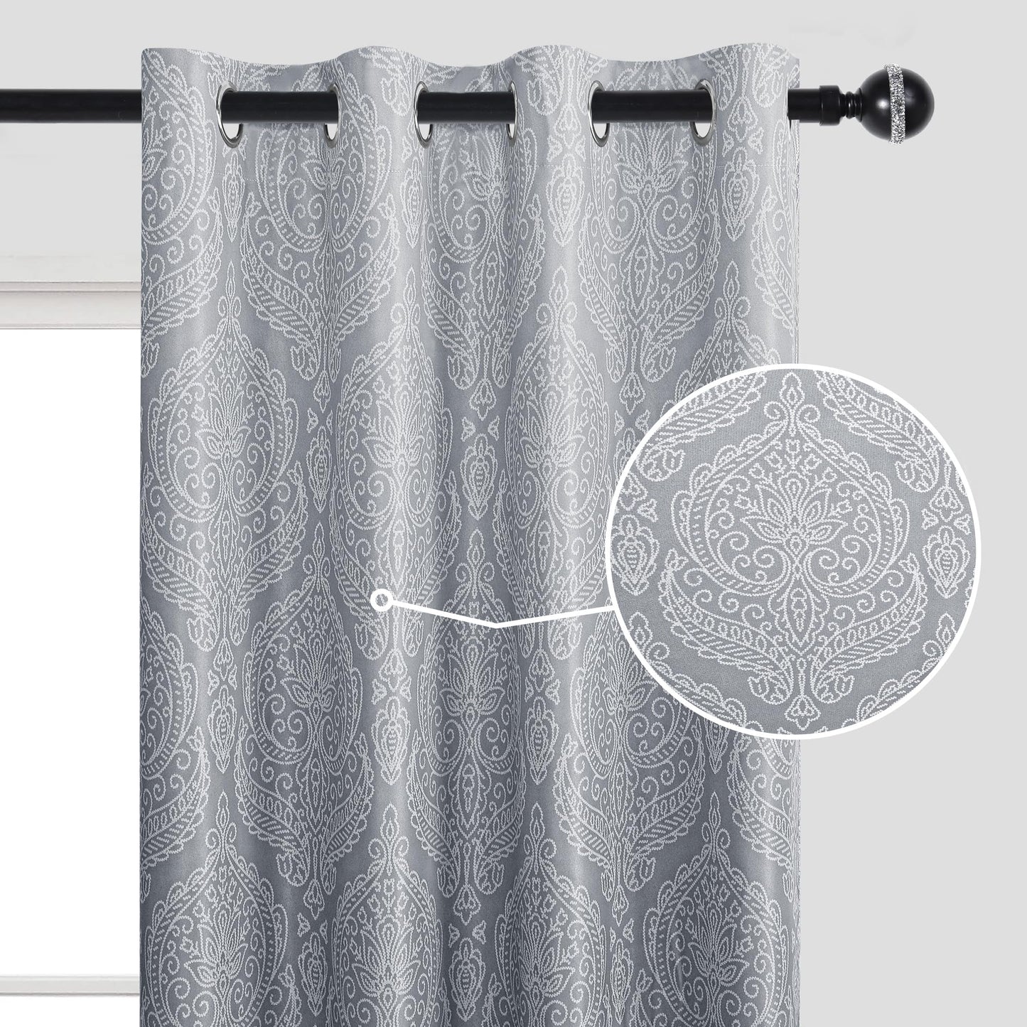 DWCN Grey 100% Blackout Curtains for Bedroom 84 Inch Long - Double Layers Damask Patterned Ombre Thermal Insulated Energy Saving Drapes for Living Room, Gradient Window Curtain 2 Panels, 52 x 84 Inch