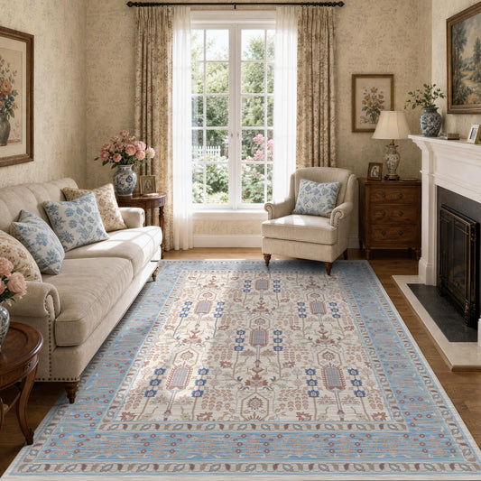 Deerly 5x7 Area Rugs Living Room, Low Pile Ultra Soft Rugs with Non-Slip Backing Machine Washable Vinatge Boho Carpet for Bedroom Playroom Nurseryroom, Kid & Pet Friendly Print Floor Beige Rug 5x7ft