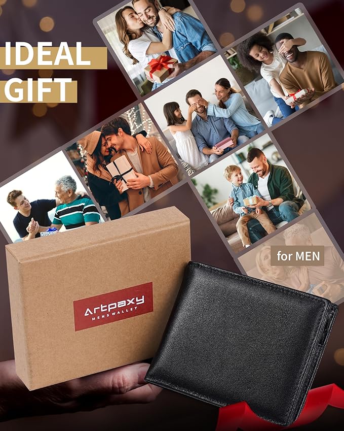 Artpaxy Mens Wallet Bifold Genuine Leather RFID Blocking Wallet for Men with 2 ID Windows 12 Card Holders 2 cash pockets 1 Gift Box