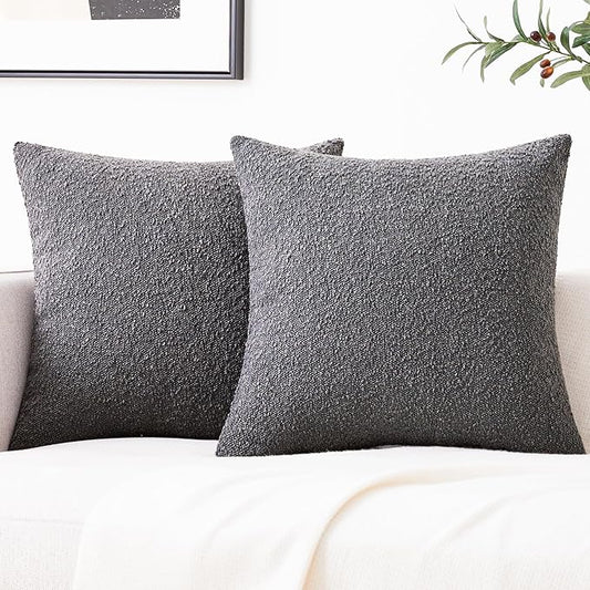 Mixhug Decorative Boucle Throw Pillow Covers, Dark Gray, 18 x 18 Inches, Pack of 2 - Textured Boho Pillow Covers for Couch and Bed