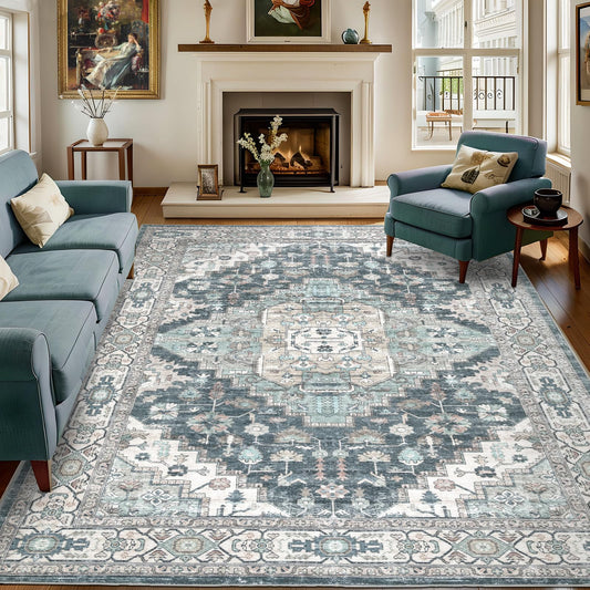Dotiiorug 5x7 Vintage Washable Area Rug for Living Room,Low Pile Non Slip Carpet Non-Shedding Area Rug Soft Indoor Stain Resistant Rug Boho Print Mat for Bedroom Dining Room Blue Beige Multi