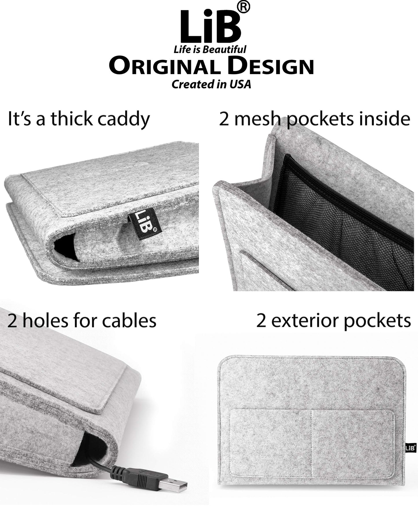 Lib Bedside Caddy, Original Design | Large Size 9.5" x 13.5" | Laptop Holder | 100% Handmade | College Room, Kids Bunk Bed, Hospital Bed | Night Hanging Storage Organizer (Light Gray)
