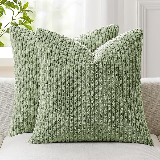 Kevin Textile 2 Packs Spring Sage Green Euro Farmhouse Decorative Throw Pillow Covers 26x26 Inch for Living Room Couch Bed Sofa Rustic Boho Home Decor Soft Striped Corduroy Square Cushion Case