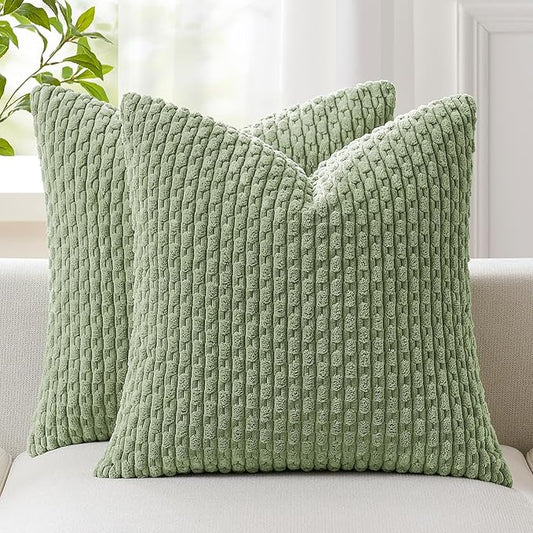 Kevin Textile 2 Packs Spring Sage Green Euro Farmhouse Decorative Throw Pillow Covers 26x26 Inch for Living Room Couch Bed Sofa Rustic Boho Home Decor Soft Striped Corduroy Square Cushion Case