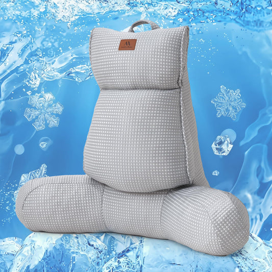 Amélie Home Cooling Reading Pillow with Arms for Adults, Breathable Waffle Fabric Bed Rest Pillow for Sitting Up, Ergonomic Back Support with Pockets for Gaming Relaxing, Cooling Gray, 29 Inches