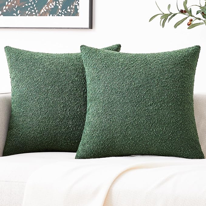 Mixhug Decorative Boucle Throw Pillow Covers, Forest Green, 18 x 18 Inches, Pack of 2 - Textured Boho Pillow Covers for Couch and Bed