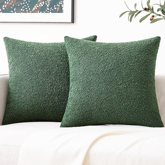 Mixhug Decorative Boucle Throw Pillow Covers, Forest Green, 18 x 18 Inches, Pack of 2 - Textured Boho Pillow Covers for Couch and Bed