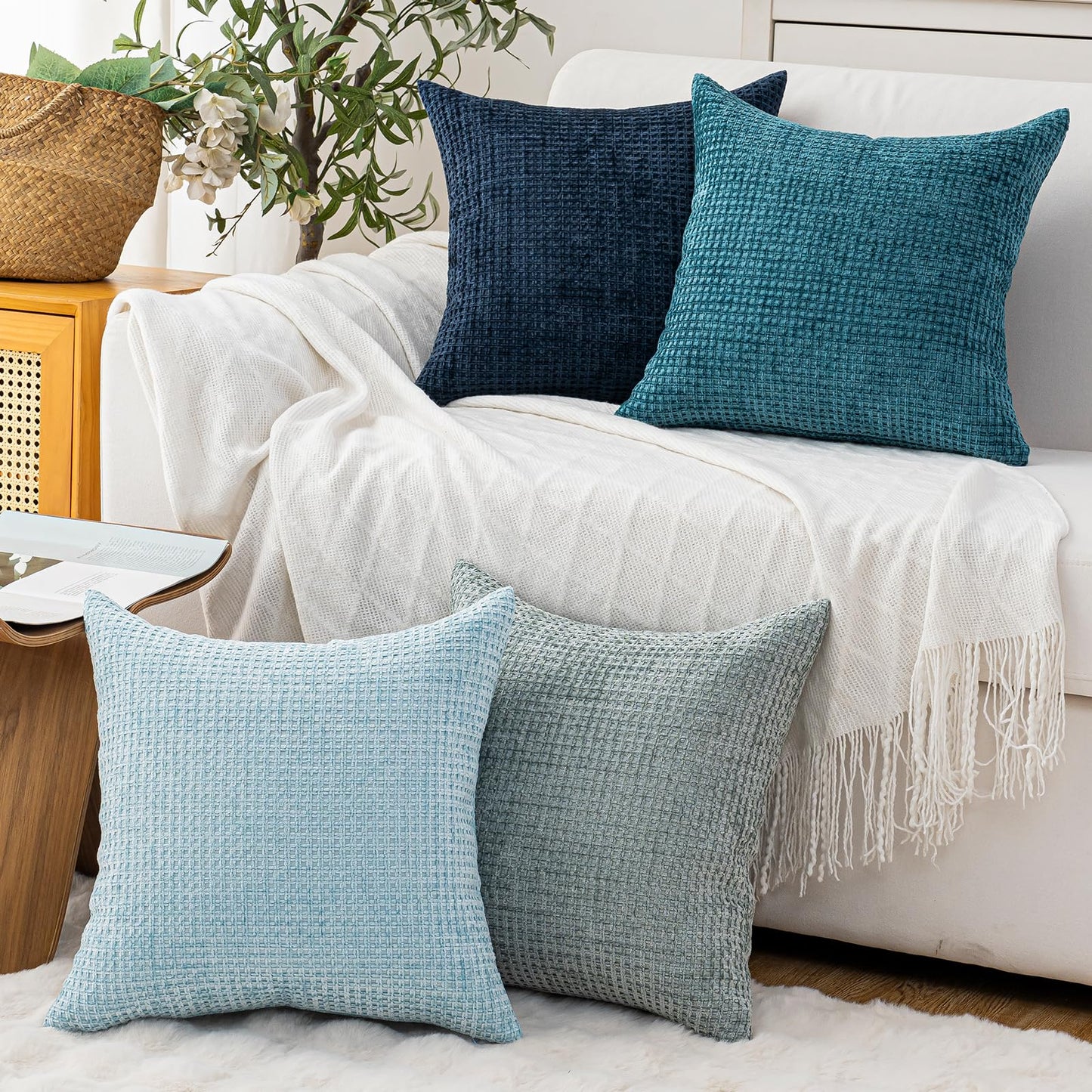 Cushonix Pack of 4 Throw Pillow Covers 18x18 inch Blue Series Boho Cushion Covers Decorative Farmhouse Pillow Covers for Couch Bed Sofa Living Room Home Decor Soft Square Pillowcase
