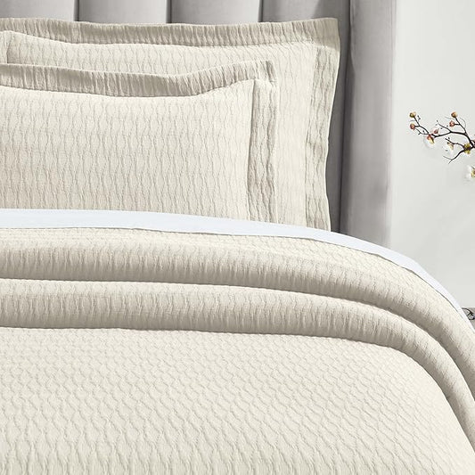 Superior 3 Piece Cotton Bedspread Set, Home Bed Decor, Decorative Bed Spread, 2 Pillow Shams, Medium Weight Blanket, Matelasse Coverlet, Bedding Essentials, Calvert Collection, California King, Ivory