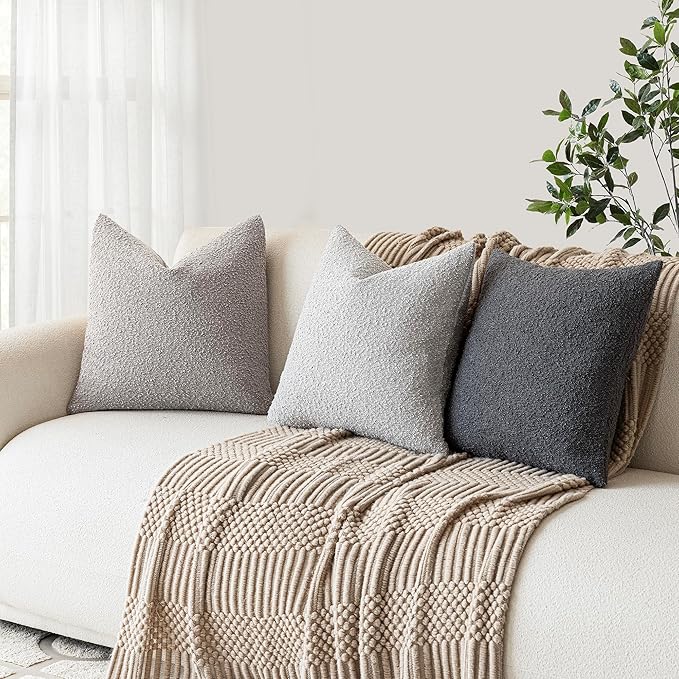 Foindtower Decorative Textured Boucle Throw Pillow Covers Accent Solid Pillow Cases Neutral Soft Cozy Couch Cushion Case for Chair Sofa Bedroom Living Room Home Decor 16x16 Inch,1PC,Neutral Grey