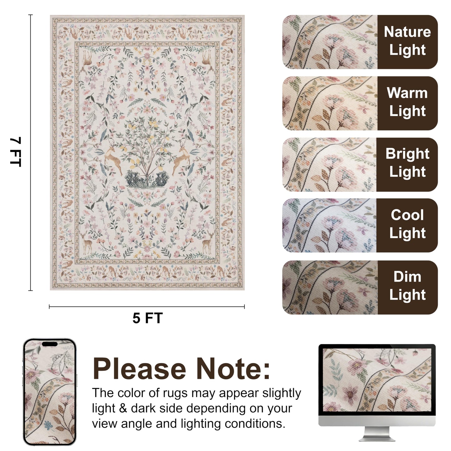 RCTJHOME 5x7 Beige Floral Nursery Kids Washable Area Rug Non-Slip Carpet