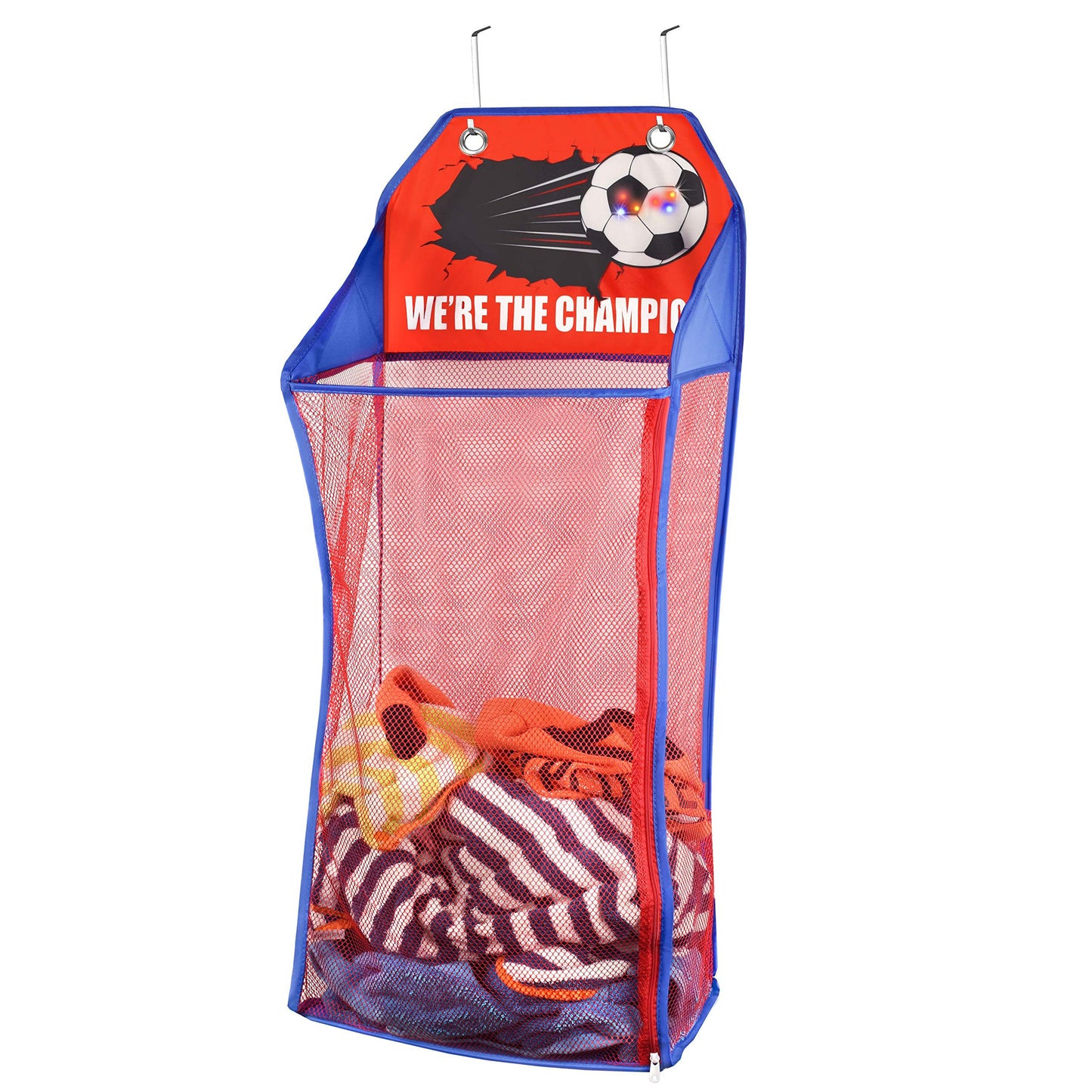 Store & Score Over The Door Hanging Kids Fun LED Soccer Light-Up Collapsible Mesh Laundry Hamper Basket, Toy Chest, Heavy Duty Metal Hooks Included. Patent Pending