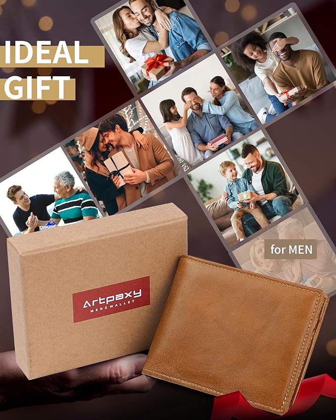 Artpaxy Mens Wallet Bifold Genuine Leather RFID Blocking Wallet for Men with 2 ID Windows 12 Card Holders 2 cash pockets 1 Gift Box