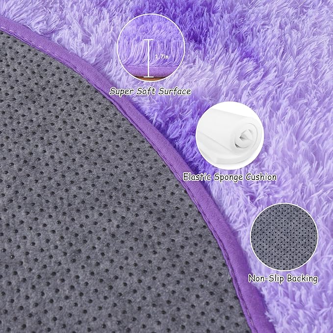 Round Fluffy Rugs 4Ft for Girls Bedroom, Tie-Dyed Purple Shag Circle Kids Rug Non-Slip for Bedside Dorm Nursery Playroom, Soft Cute Area Rugs for Living Room Decor