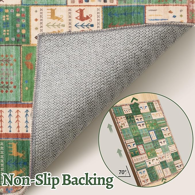 Tangsoo Washable Runner Rug Non Slip, 2x5 Vintage Runner Rug for Hallway, Soft Low Pile Tribal Carpet 2x5 Rug Runners for Kitchen Bathroom Laundry Bedroom Entrance Bedside (Green Beige)