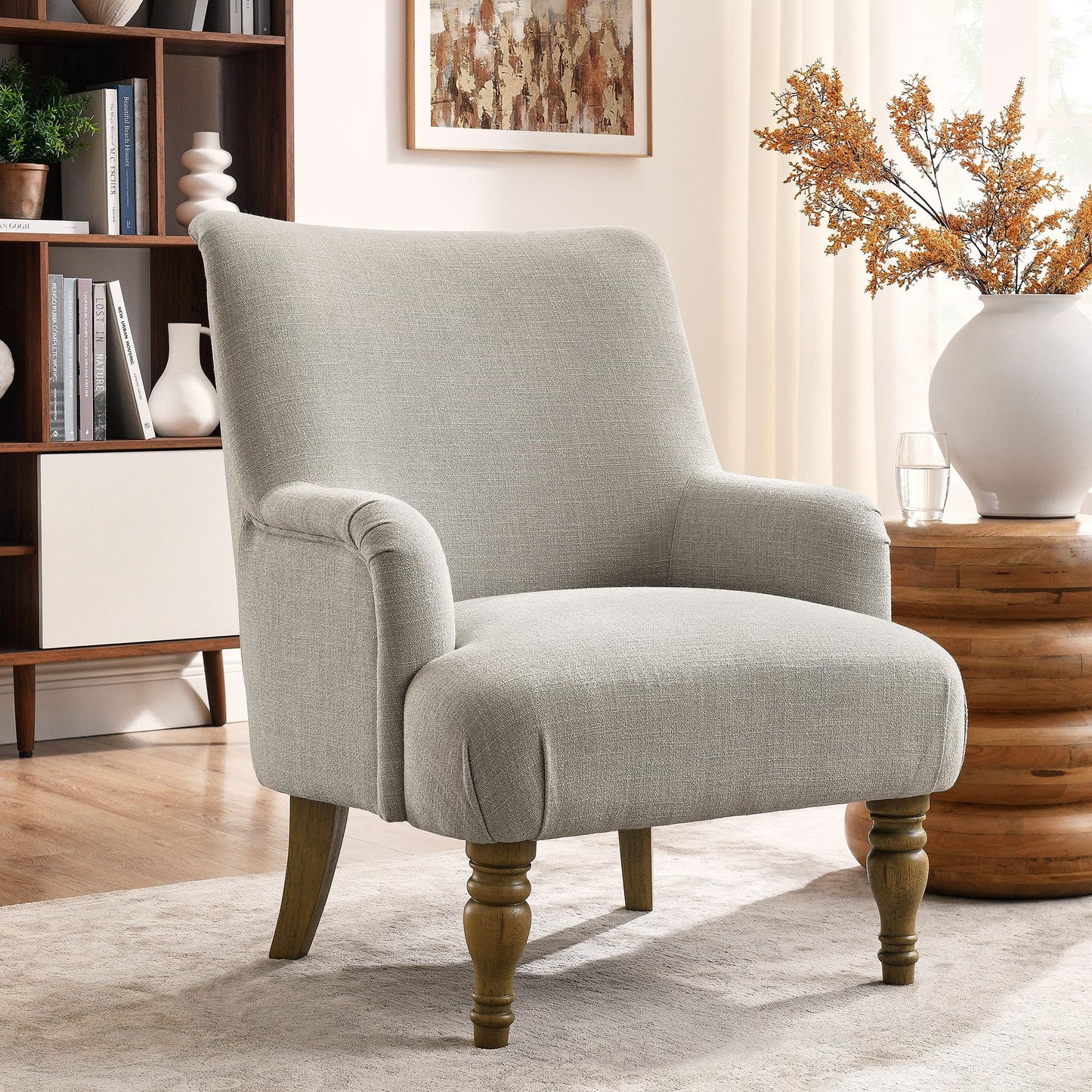 Modway Ellington Living Room Accent Armchair in Linen – Fabric Upholstered Reading Arm Chair with Wooden Legs – Modern Lounge Chair with French Piping Trim