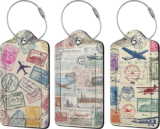 Travel Stamp 3 Pack Luggage Tags for Suitcases, PU Leather Baggage Suitcases Tag Name ID Label Privacy Cover Travel Bag Tags for Women Men Boys Girls