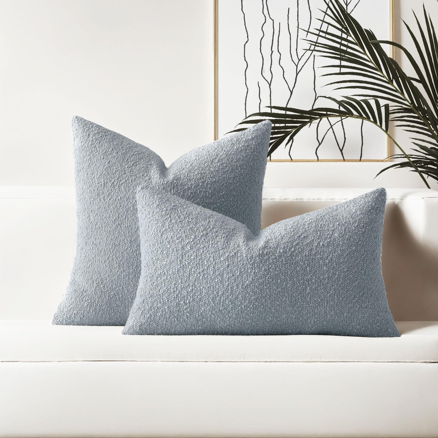 HAUSSY Pack of 2 Pillow Covers 18x18 Inch, Boucle Decorative Throw Pillows Soft Boho Neutral Cushion Covers Home Decor Modern Pillow Cases for Couch Living Room Sofa Bed, Dusty Blue (Covers Only)