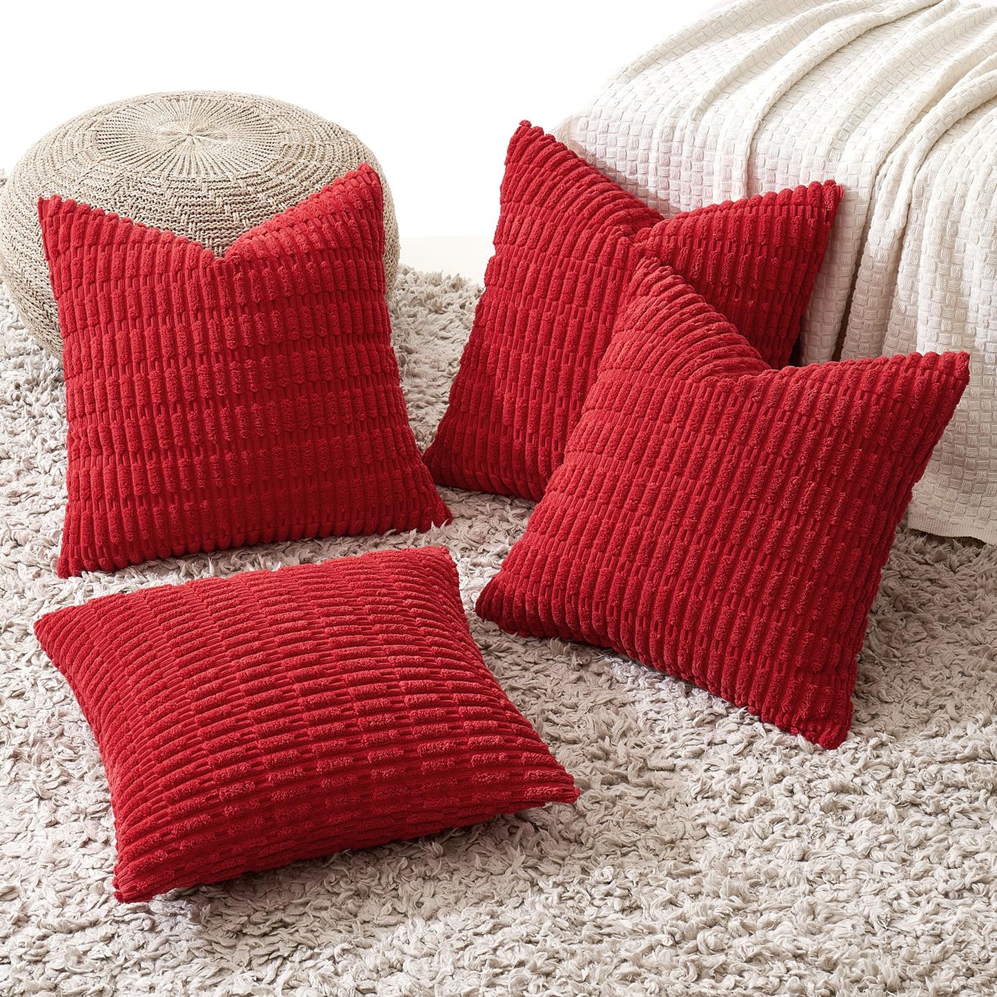 MIULEE Pack of 4 Christmas Red Corduroy Decorative Throw Pillow Covers 18x18 Inch Soft Boho Striped Pillow Covers Modern Farmhouse Home Decor for Sofa Living Room Couch Bed