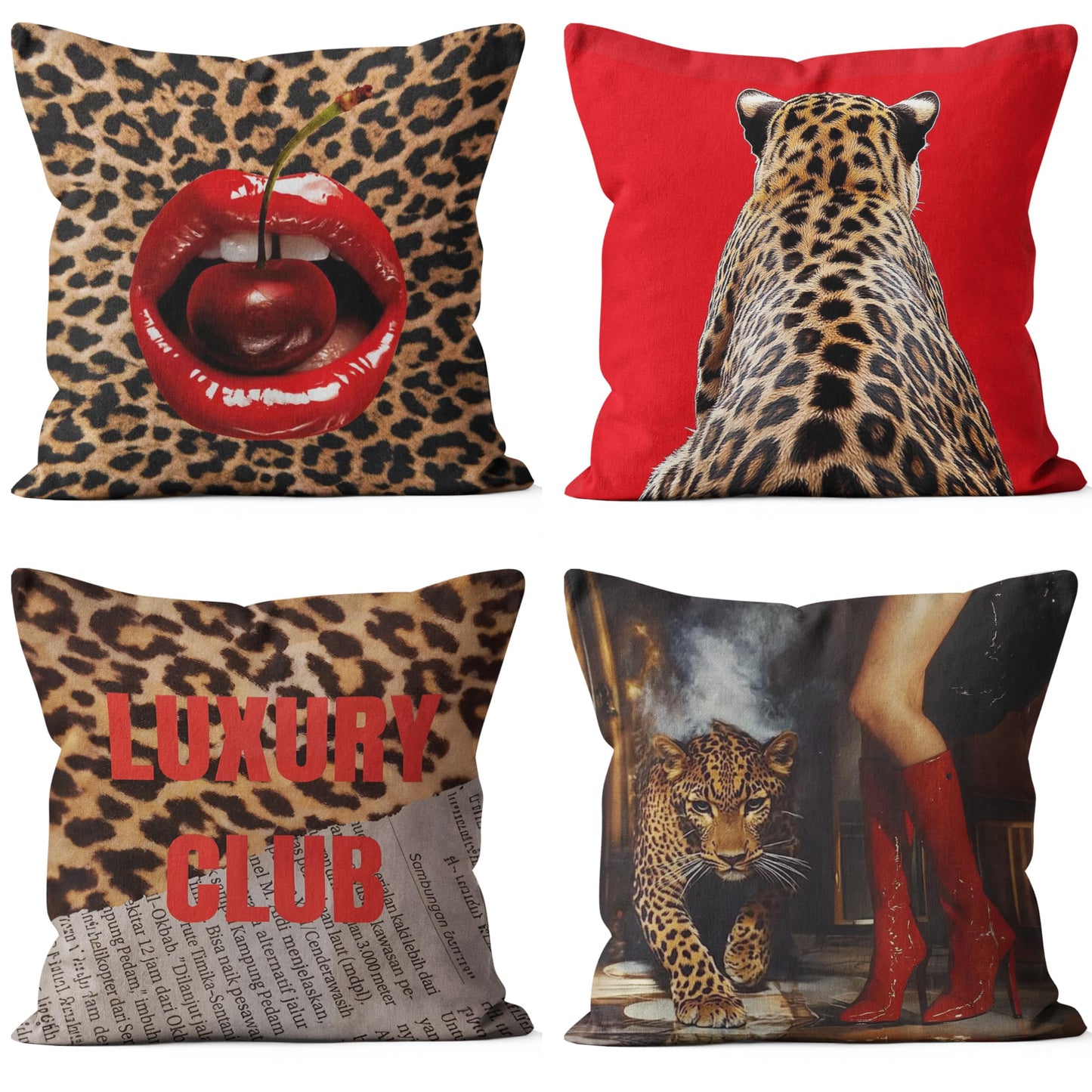 QGFM Trendy Red Leopard 18x18 Pillow Covers Set of 4, Red and Cheetah Room Decor, Funky Leopard Print Cherry Lip High-Heel Decorative Throw Pillow Covers for Girls Bedroom Dorm Apartment Home
