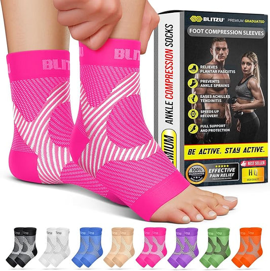 BLITZU Compression Socks for Plantar Fasciitis, Achilles Tendonitis, Arthritis Relief, Ankle Brace Compression Sleeve with Foot Arch Support, Ankle Wrap for Women, Men, Swelling & Heel Pain Pink XXL