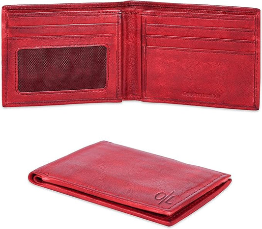Oak Leathers Slim Leather Wallet for Men - RFID Blocking Slim Minimalist Front Pocket - Thin & Stylish with ID Window, Gift For Men (Vintage Red)