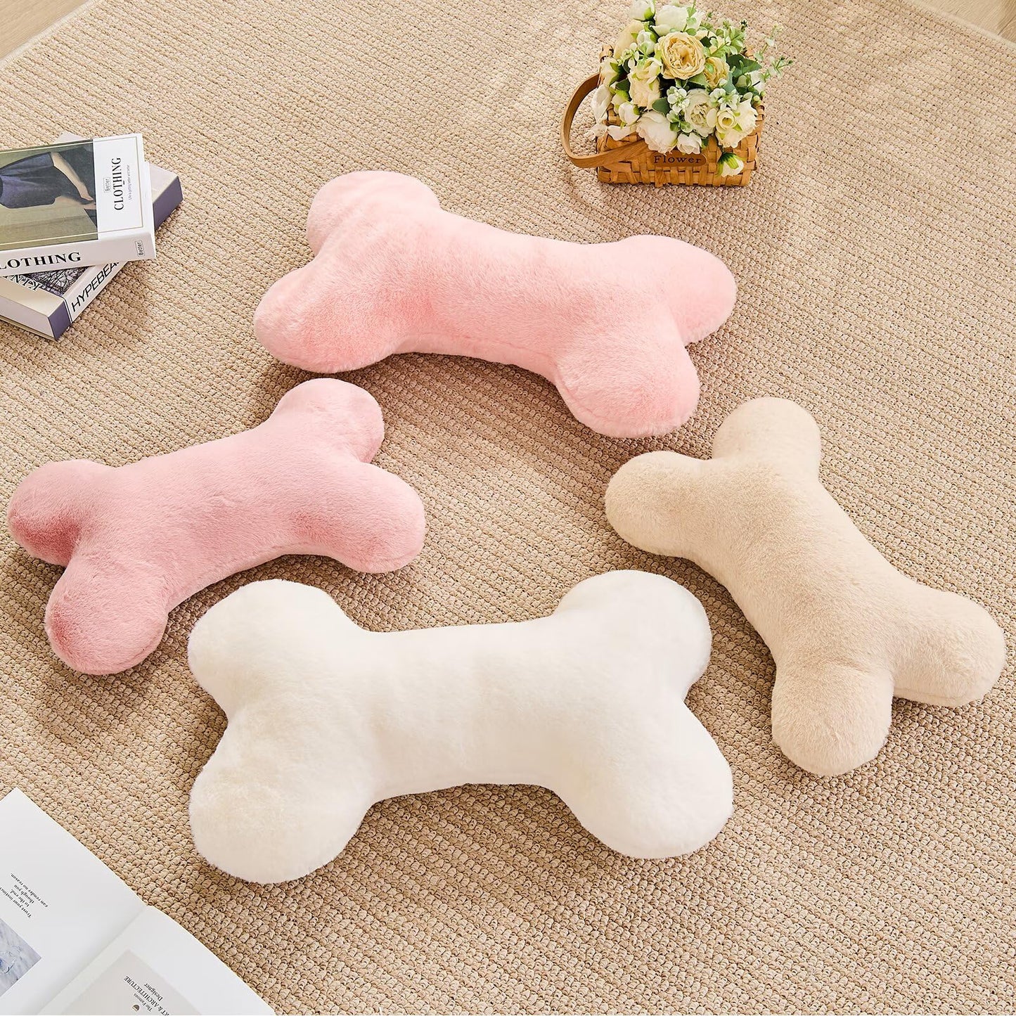 XVTRU Bone Pillow Cute Decorative Throw Pillow Bone Shaped Pillows for Aesthetic Home Decorative Cushion Pet Plush Pillow for Bed Sofa Couch (Ivory, 15 Inch)