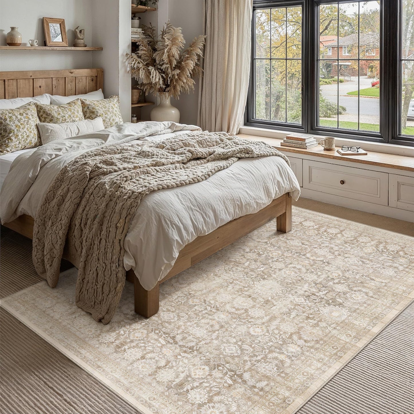 WondRg 5x7 Beige Washable Neutral Area Rug for Living Room Floral Non Slip Low Pile Throw Rug Vintage Traditional Stain Resistant Carpet Bedroom Kitchen Playroom Office Dining Room