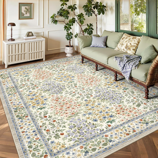 Yarooge 5x7 Area Rugs, Vintage Washable Rug for Bedroom, Indoor Non-Slip Rugs for Living Room, Dining Room, Low Pile Home Decor Floral Rug(Beige Floral)