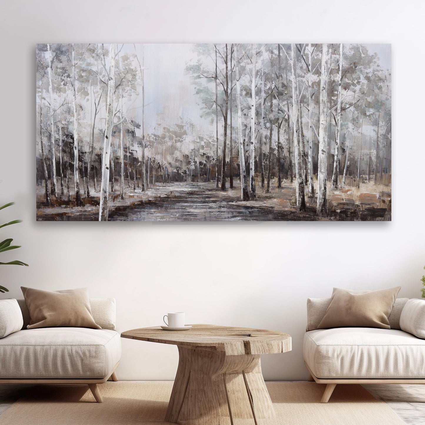 White Birch Tree Wall Art Grey Forest Painting Abstract Canvas Art Landscape Panoramic Picture Nature Artwork Framed for Living Room Bedroom Dinning Room Home Office Wall Decor 40"x20"