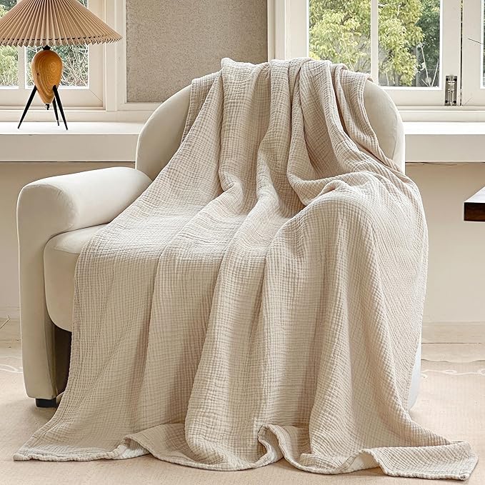FALUCA Cotton Muslin Reversible Blanket 50x60 Inches for Bed, Couch, Four Layers Blanket, Soft Lightweight Cozy Breathable Farmhouse Decoration for All-Season, Khaki
