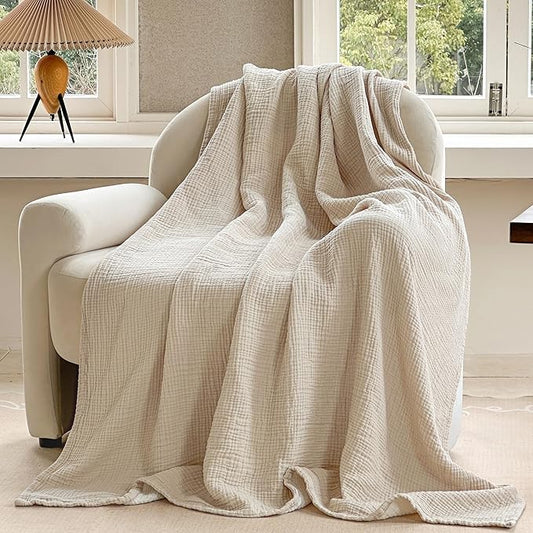 FALUCA Cotton Muslin Reversible Blanket 50x60 Inches for Bed, Couch, Four Layers Blanket, Soft Lightweight Cozy Breathable Farmhouse Decoration for All-Season, Khaki