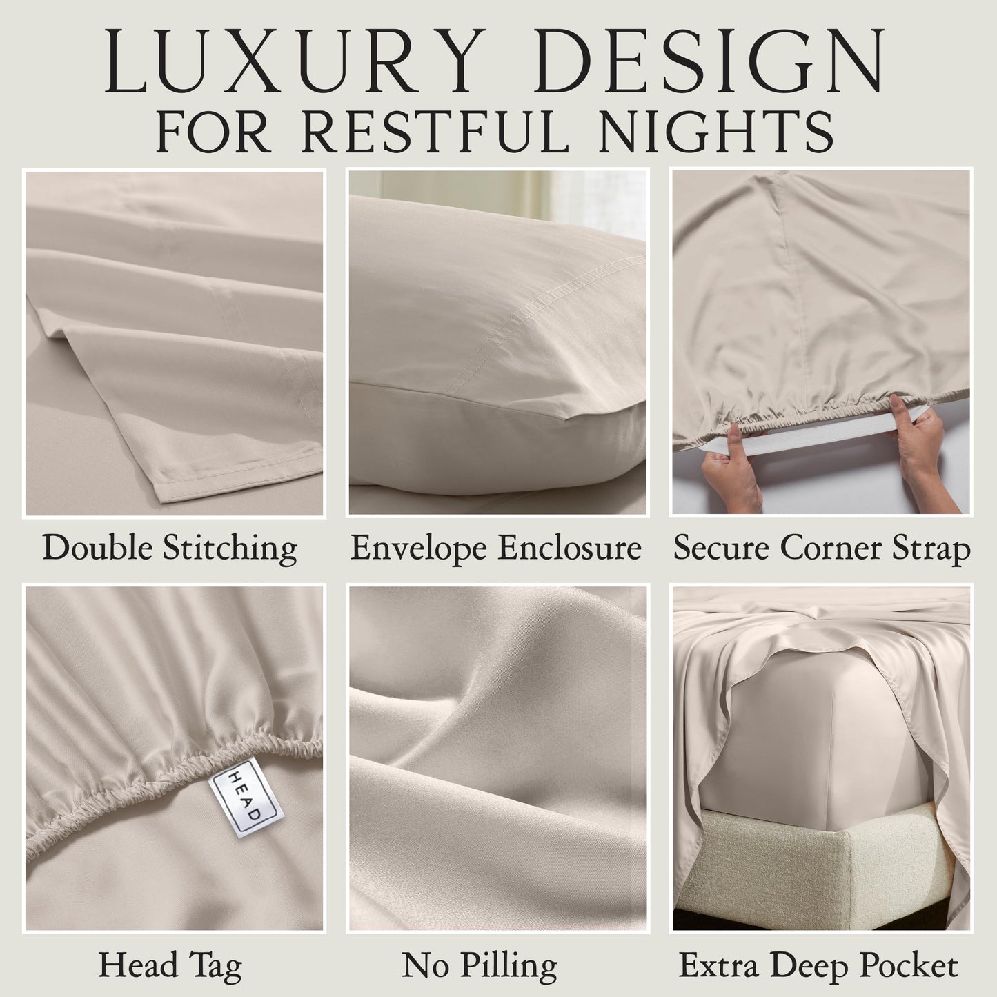 KARISSA MAE Luxury Bamboo Viscose Queen Size Sheet Set | 100% FSC Certified | Cooling | Luxuriously Soft | 18" Deep Pockets | with Organizer Band & Elastic Corner Straps [Dune]