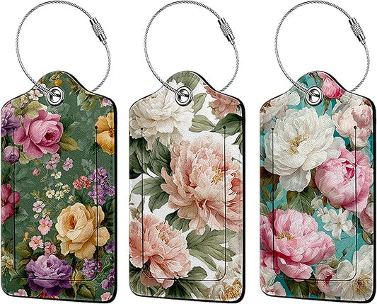 Vintage Beautiful Floral 3 Pack Luggage Tags, PU Leather Luggage Tags for Suitcase,Name ID Labels with Privacy Cover Suitcases and Metal Loop for Travel Bag Suitcase