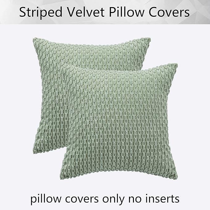 Kevin Textile 2 Packs Spring Decorative Throw Pillow Covers 18x18 Inch for Living Room Couch Bed Spring Sofa Soft Striped Corduroy Square Cushion Case 45x45 cm Farmhouse Boho Home Decor Sage Green