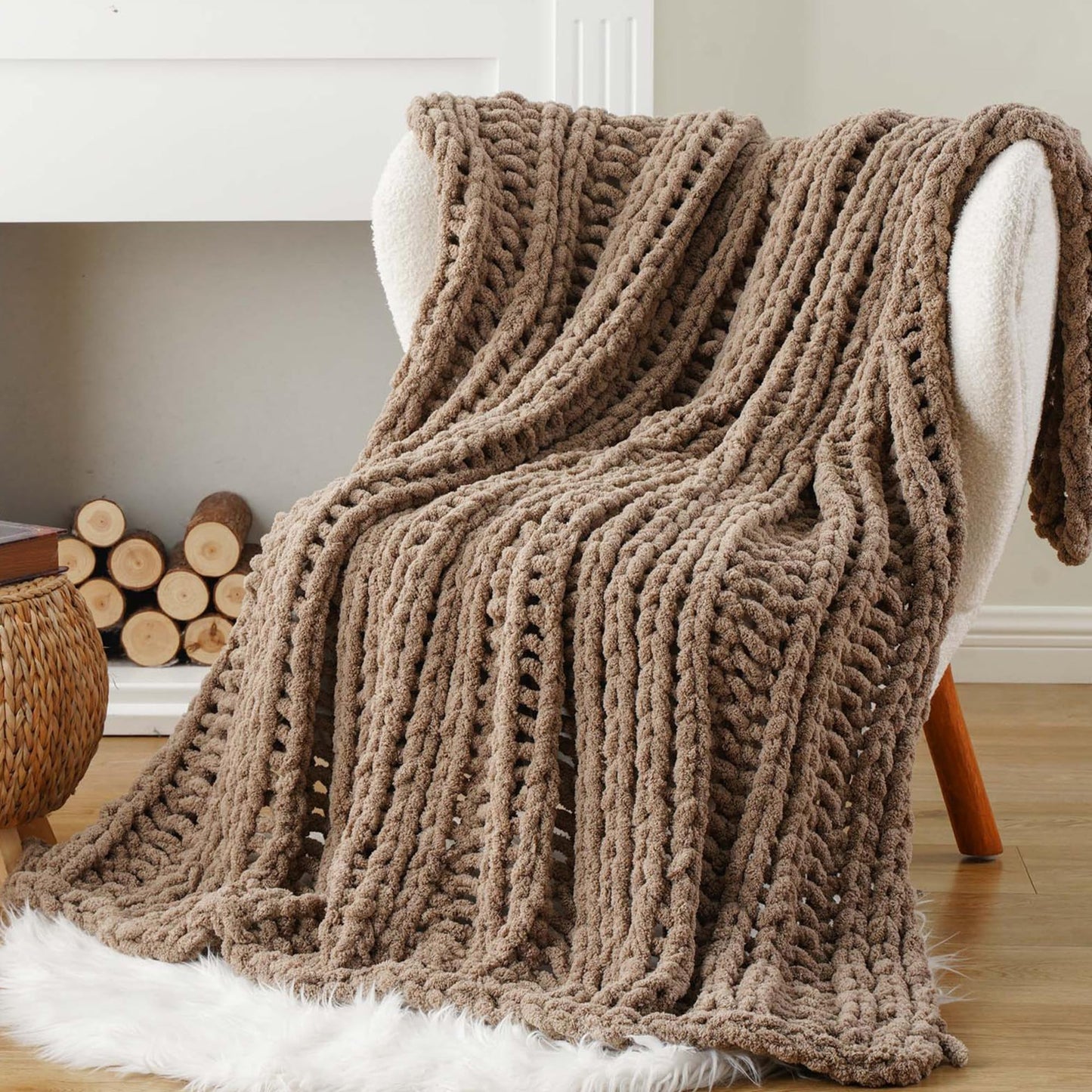 Battilo Chunky Knit Throw Blanket for Couch, Hand Made Chenille Throw Blanket, Super Soft Warm Cozy Taupe Blanket for Bed, Sofa, Living Room, 50"x60"