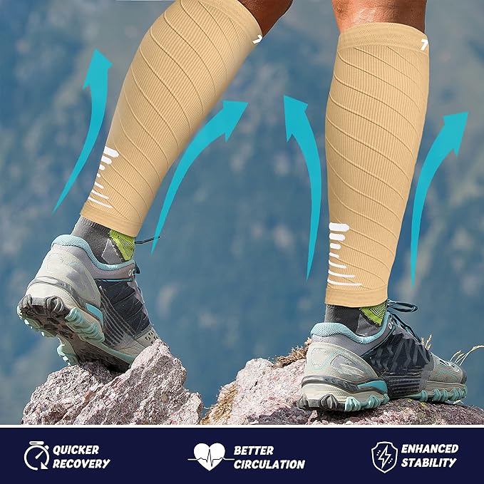 Thoxcare Calf Compression Sleeve for Men Women (2 Pairs), Leg Support Footless Compression Socks for Running - Shin Splint Varicose Veins Swelling & Pain Relief, Beige/White, Medium