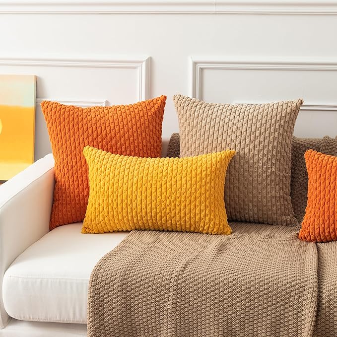Kevin Textile Tan Throw Pillow Covers Soft Corduroy Decorative Set of 2 Boho Striped Pillow Covers Pillowcases Farmhouse Home Decor for Couch Bed Sofa Living Room 26x26 Inch