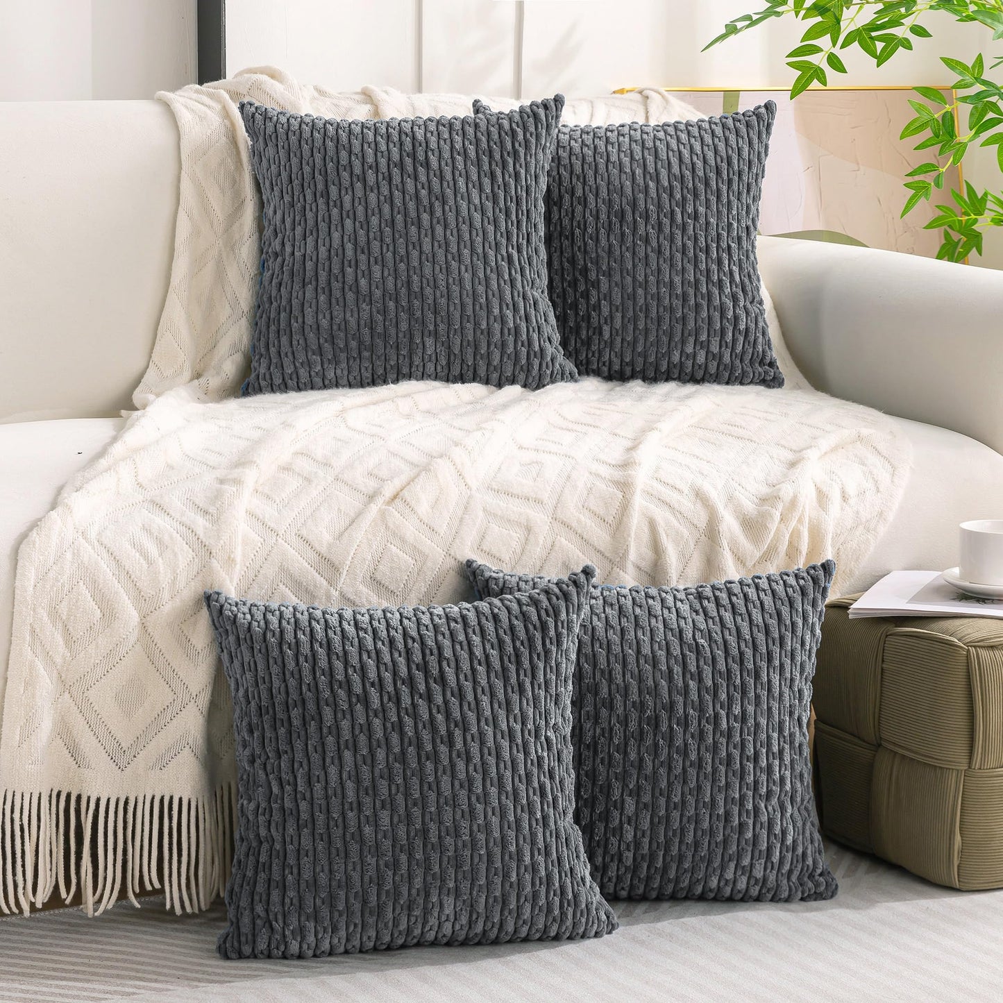 Cozoomy Set of 4 Medium Grey Decorative Throw Pillow Covers 20x20 Inch Corduroy Pillow Covers for Bed Couch Sofa Living Room Soft Square Cushion Cases