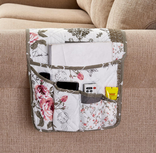 Brilliant Sunshine Pink Rose and Grey Toile Patchwork Couch Armrest Organizer, Non Slip Armchair Caddy for Sofa Recliner, Washable Remote Control Holder, Storage for Magazine, Phone, iPad (35"×13")