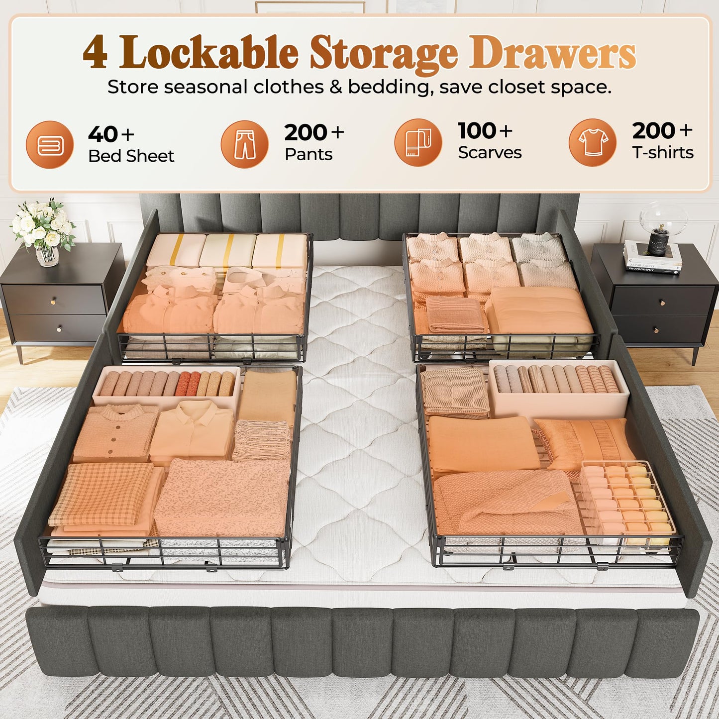 PRAISUN Bed Frame King Size with Upholstered Headboard & Charging Station, King Bed Frame with 4 Storage Drawers, 2-Tier Open Shelves, No Box Spring Needed, Slient Foam Strip, Easy Assembly, Grey
