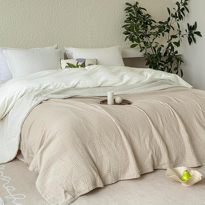 FALUCA Cotton Muslin Reversible Blanket King Size for Bed, Couch, Four Layers Blanket, Soft Lightweight Cozy Breathable Farmhouse Decoration for All-Season, Khaki