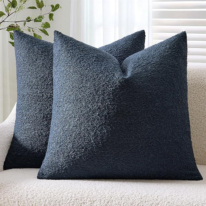 ANRODUO Pack of 2 Textured Boucle Throw Pillow Covers Soft Navy Blue Decorative Accent Solid Pillow Cases Cozy Modern Couch Cushion Case for Chair Sofa Bedroom Living Room Home Decor, 20 x 20 Inch