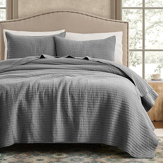 WDCOZY 100% Cotton King Size Quilt Set - Grey Striped Pick Stitch Soft Lightweight Bedspread, Textured Like Linen, Farmhouse Country Rustic Coverlet, Shabby Chic Gauze Bedding, 3 Pieces