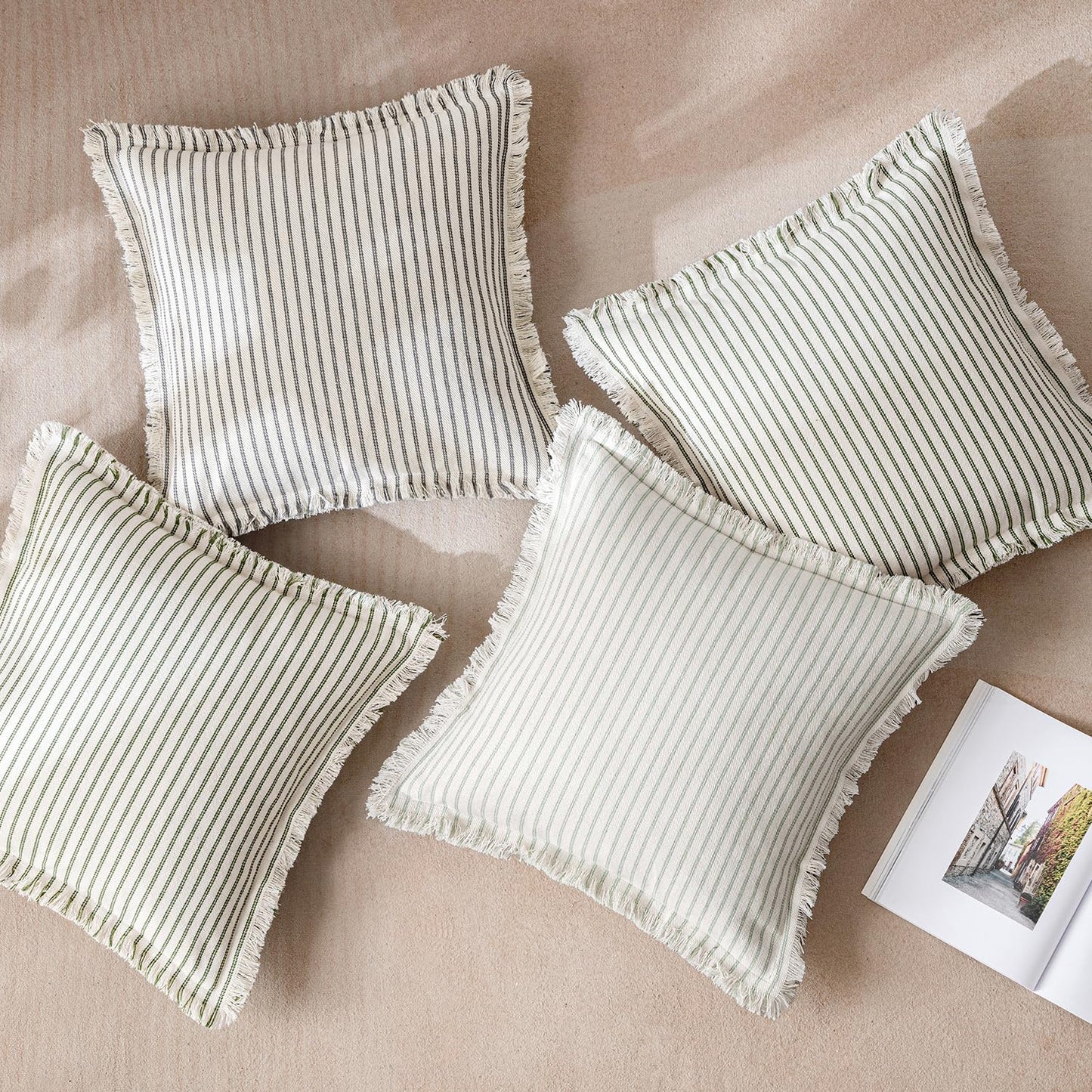 MIULEE Pack of 2 Olive Green Christmas Pillow Covers 20x20 Inch Striped Farmhouse Couch Spring Throw Pillow Covers with Fringe Chic Linen Decorative Cushion Covers for Sofa Living Room Bed Home Decor