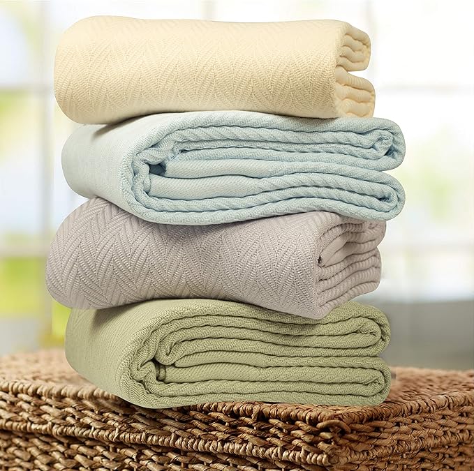 Threadmill Luxury Cotton Blankets for Twin Size Bed | All-Season 100% Cotton Twin Blanket for Bed | Herringbone Soft & Cozy Fall Thermal Blanket, 350GSM, 68x92 inches | Vanilla Cream