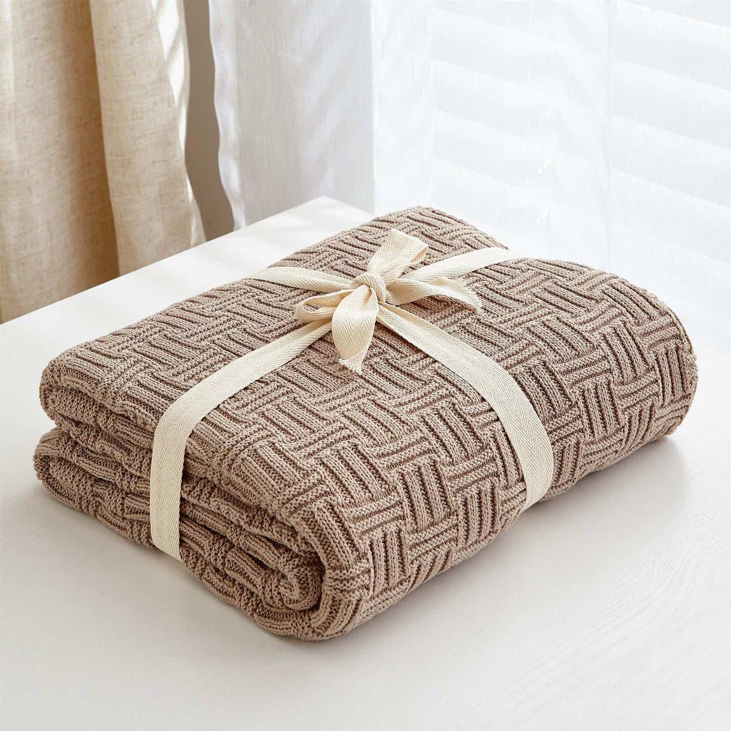 Longhui bedding Cotton Khaki Cable Knit Throw Blanket for Couch Sofa Bed with Bonus Laundering Bag – Large 60 x 80 Thick, 3.4 LB, Machine Washable, Comfortable Home Décor