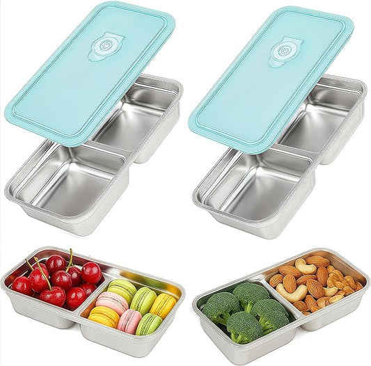BSTUR 2Pcs 304 Stainless Steel Bento Boxes, 30 oz 2 Compartments Portable Food Storage Containers Snack Boxes with Leakproof Lids, Divided Meal Prep Lunch Box Food Container Dishwasher Safe