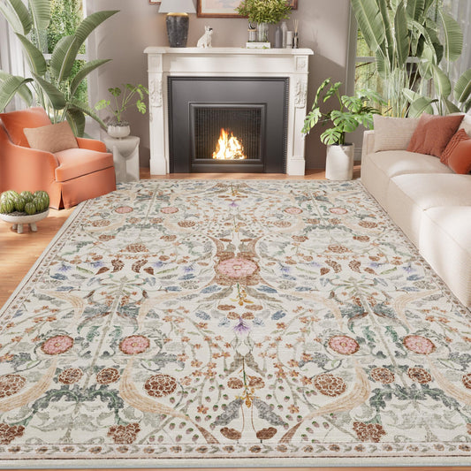 AMTOVO 5x7 Washable Area Rugs for Living Room, Vintage Boho Floral Distressed Print Non-Slip Carpet, Soft Colorful Accent Rug for Bedroom Dining Room Playroom Nursery Farmhouse Girls Room, Beige