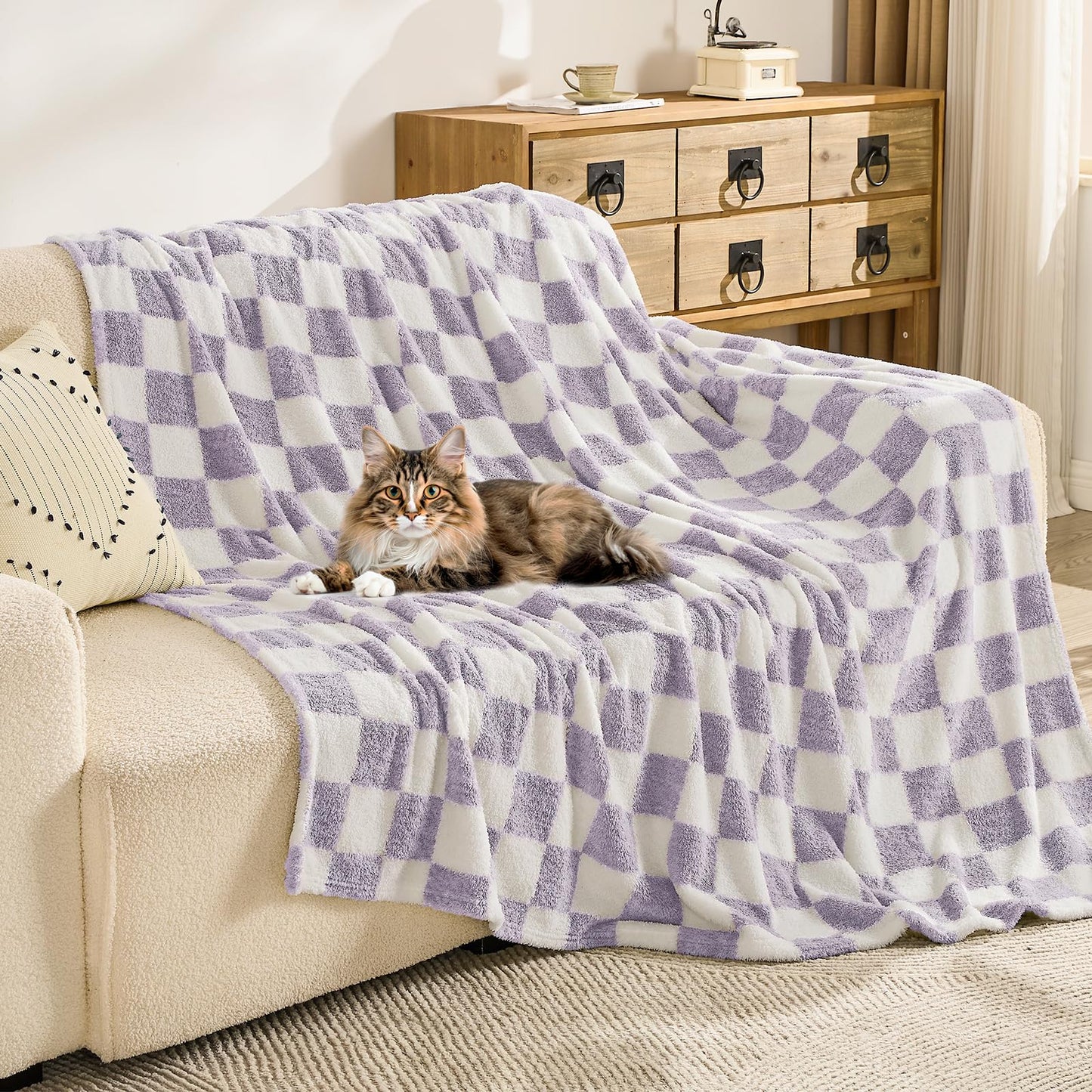 EMME Checkered Blanket Throw - 50"x60" Lavender Knit Blanket Soft Fluffy Patterned Throw Blankets for Couch, Sofa, Chair, Bed, Camping, Picnic, Travel